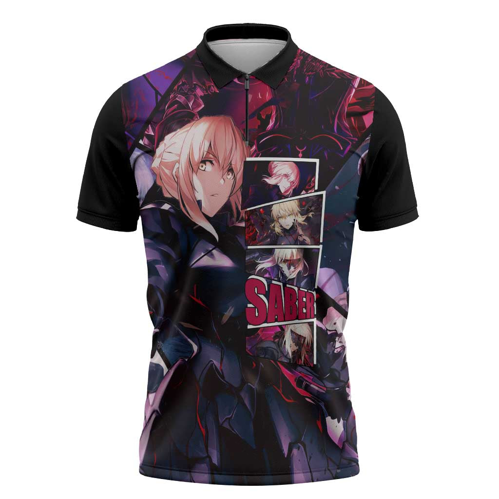Saber Artoria Pendragon Dark Armor Theme Zipper Polo Shirt with Red and Purple Abstract Background Design - The Mazicc