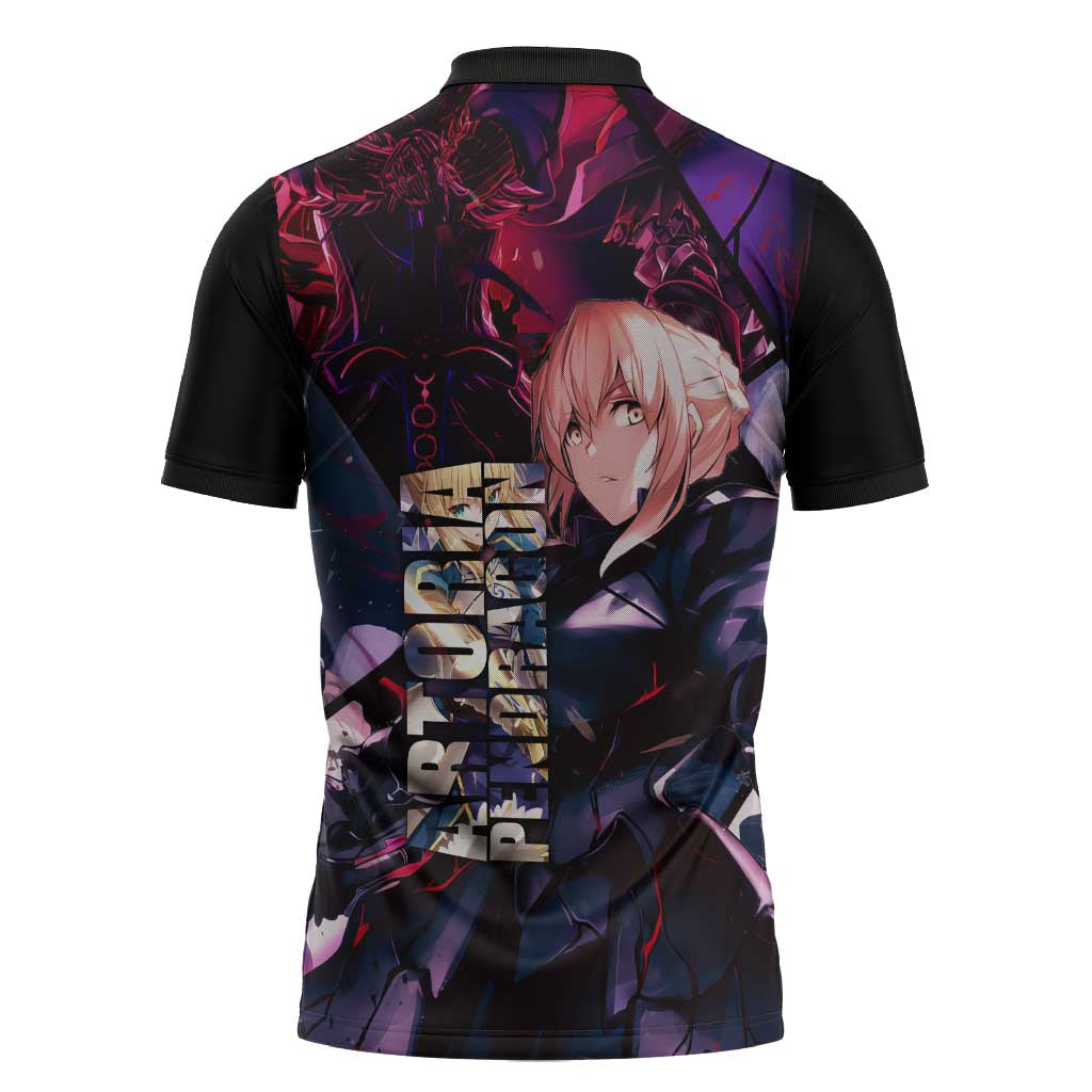 Saber Artoria Pendragon Dark Armor Theme Zipper Polo Shirt with Red and Purple Abstract Background Design - The Mazicc