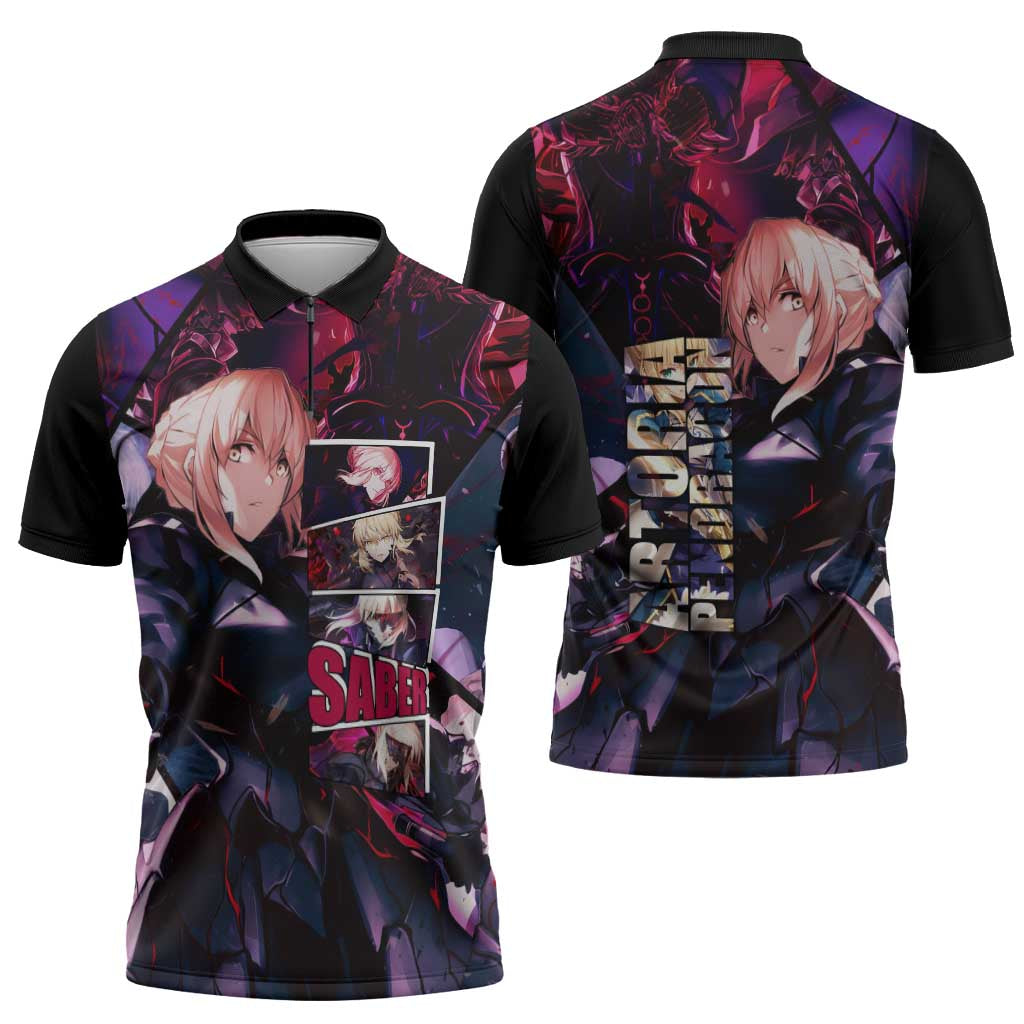 Saber Artoria Pendragon Dark Armor Theme Zipper Polo Shirt with Red and Purple Abstract Background Design - The Mazicc