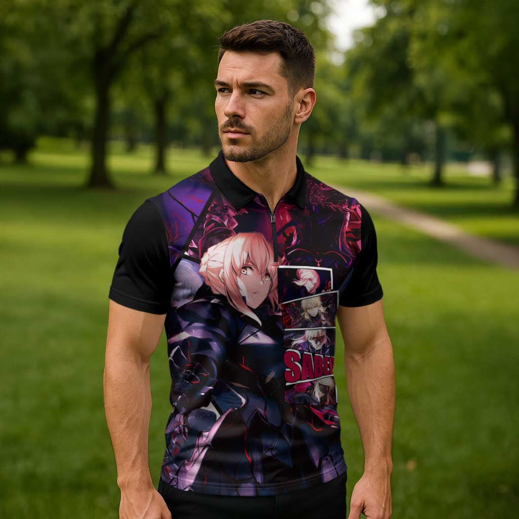 Saber Artoria Pendragon Dark Armor Theme Zipper Polo Shirt with Red and Purple Abstract Background Design - The Mazicc