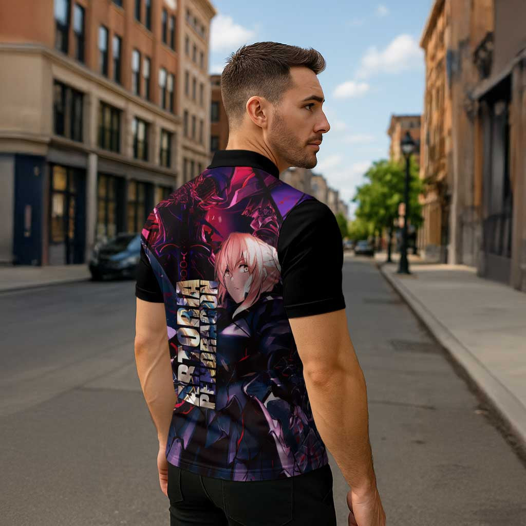 Saber Artoria Pendragon Dark Armor Theme Zipper Polo Shirt with Red and Purple Abstract Background Design - The Mazicc