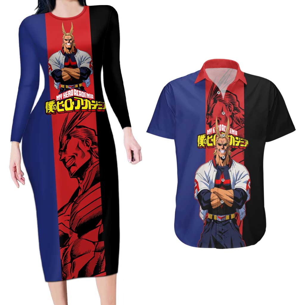 All Might My Hero Academia Couples Matching Long Sleeve Bodycon Dress and Hawaiian Shirt Red and Blue Theme - The Mazicc