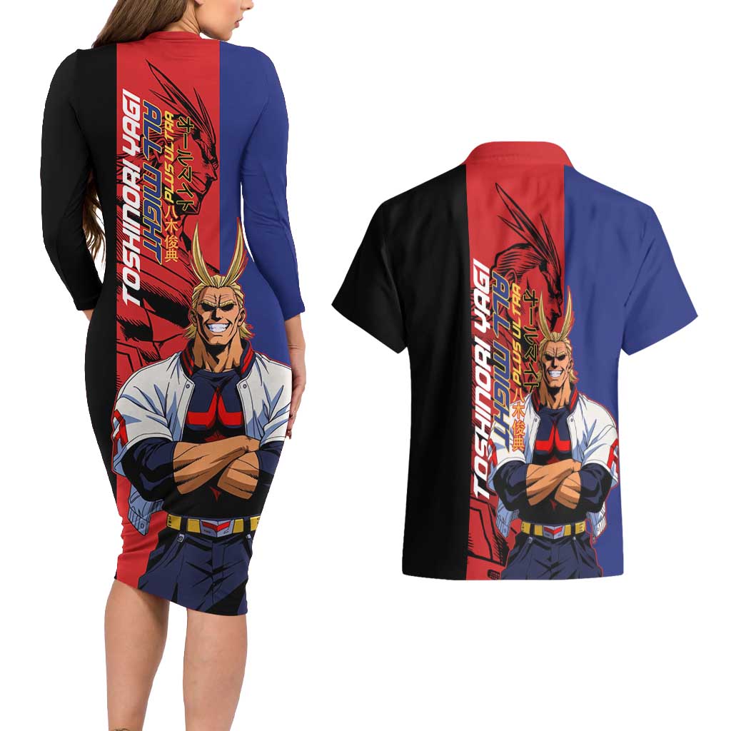All Might My Hero Academia Couples Matching Long Sleeve Bodycon Dress and Hawaiian Shirt Red and Blue Theme - The Mazicc
