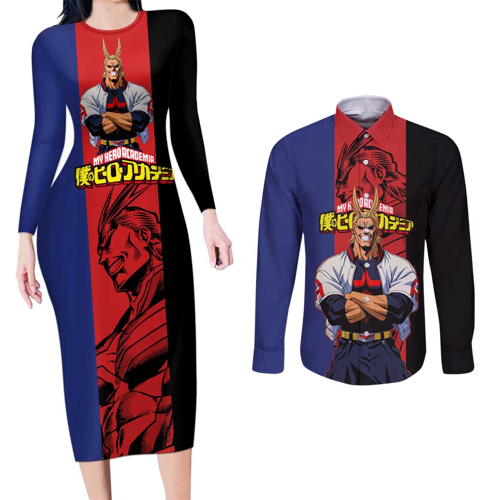 All Might My Hero Academia Couples Matching Long Sleeve Bodycon Dress and Long Sleeve Button Shirt Red and Blue Theme - The Mazicc
