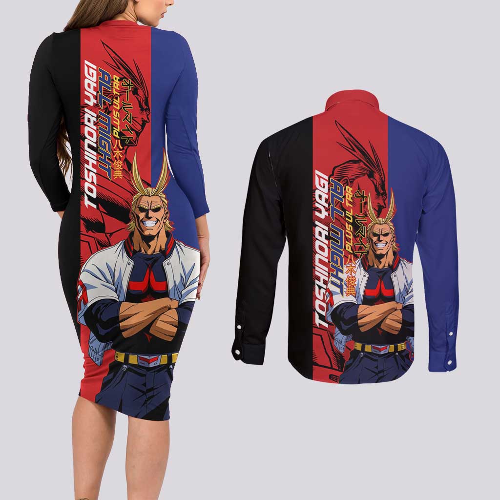 All Might My Hero Academia Couples Matching Long Sleeve Bodycon Dress and Long Sleeve Button Shirt Red and Blue Theme - The Mazicc