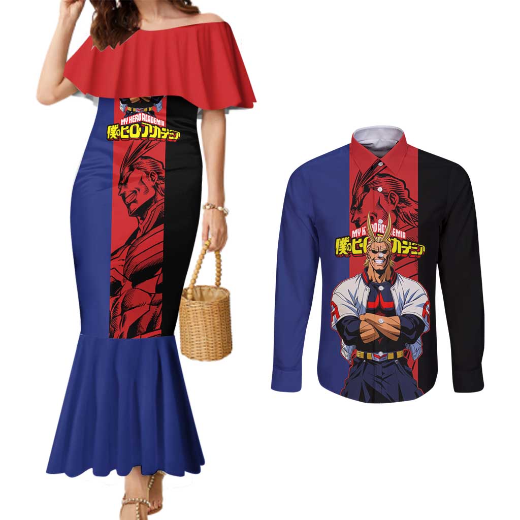 All Might My Hero Academia Couples Matching Mermaid Dress and Long Sleeve Button Shirt Red and Blue Theme - The Mazicc