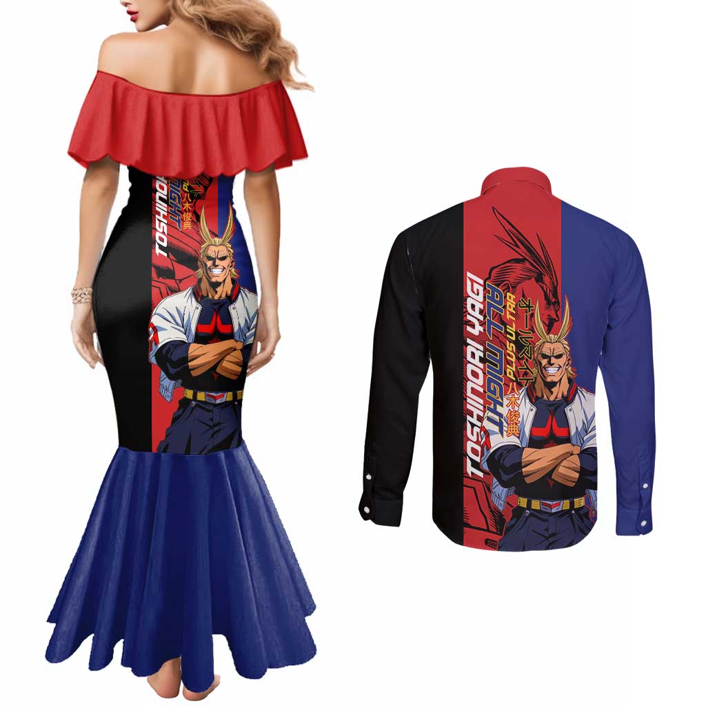 All Might My Hero Academia Couples Matching Mermaid Dress and Long Sleeve Button Shirt Red and Blue Theme - The Mazicc