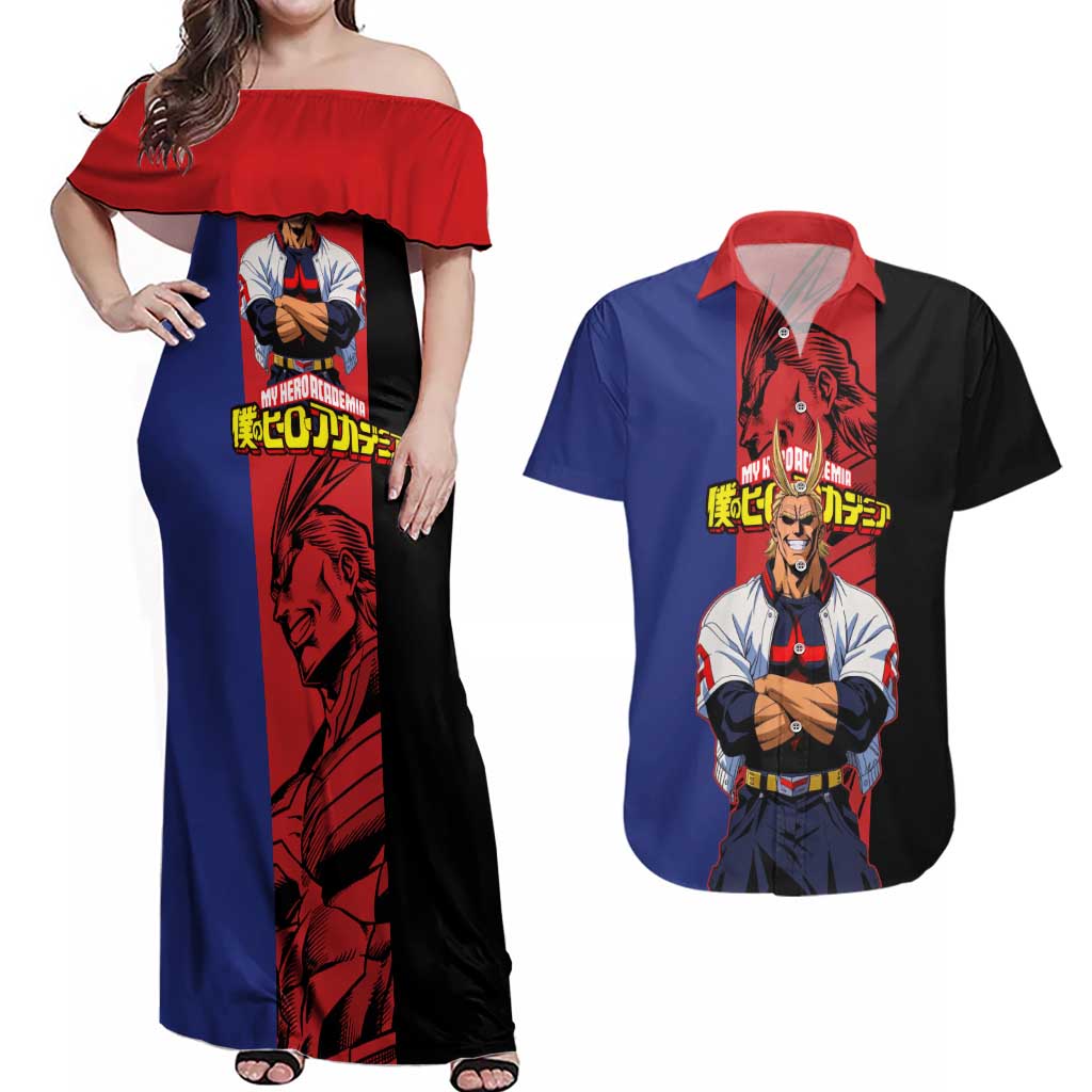 All Might My Hero Academia Couples Matching Off Shoulder Maxi Dress and Hawaiian Shirt Red and Blue Theme - The Mazicc