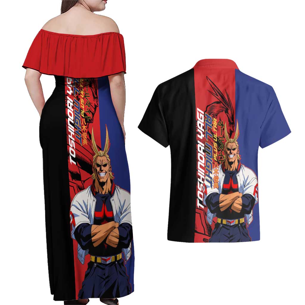 All Might My Hero Academia Couples Matching Off Shoulder Maxi Dress and Hawaiian Shirt Red and Blue Theme - The Mazicc