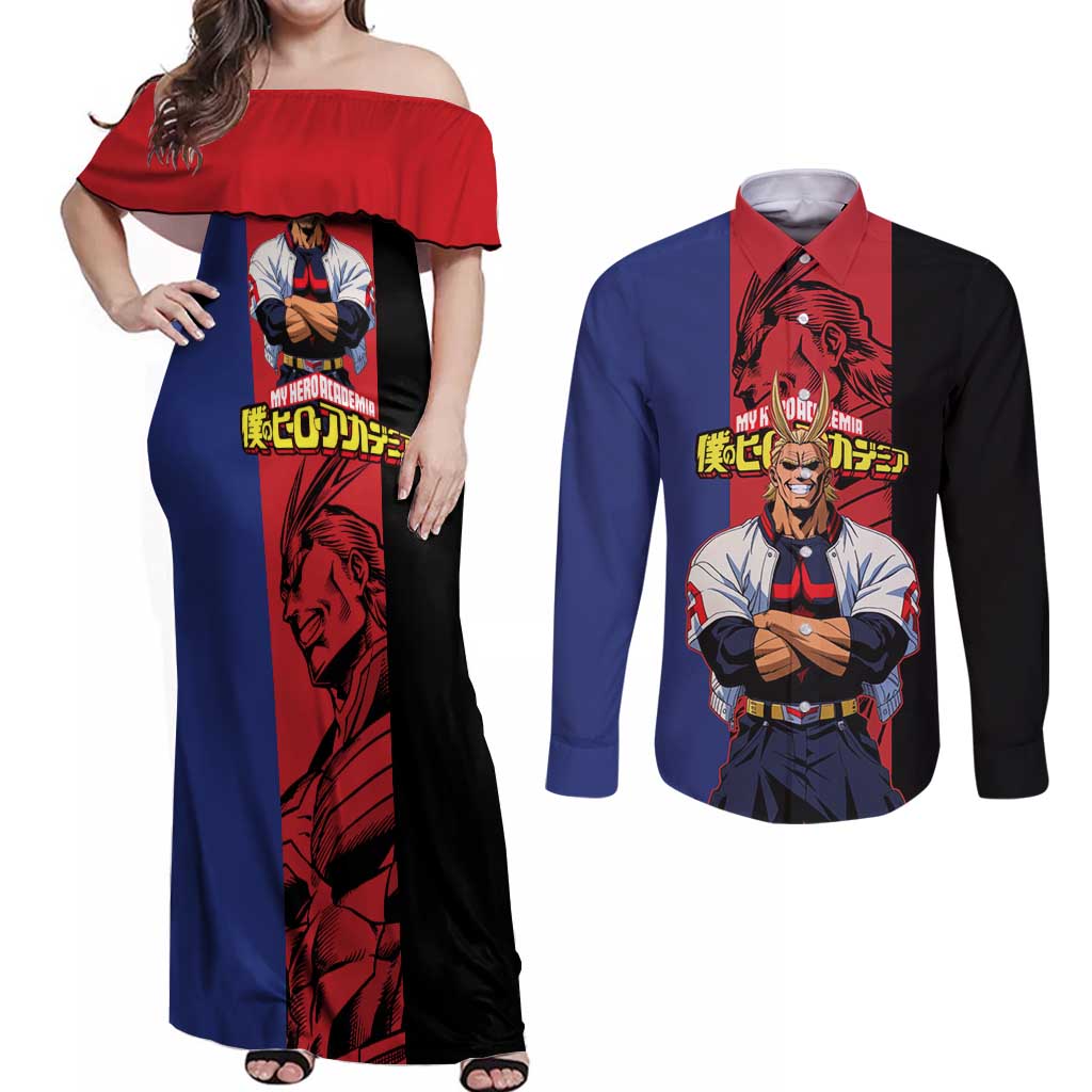 All Might My Hero Academia Couples Matching Off Shoulder Maxi Dress and Long Sleeve Button Shirt Red and Blue Theme - The Mazicc