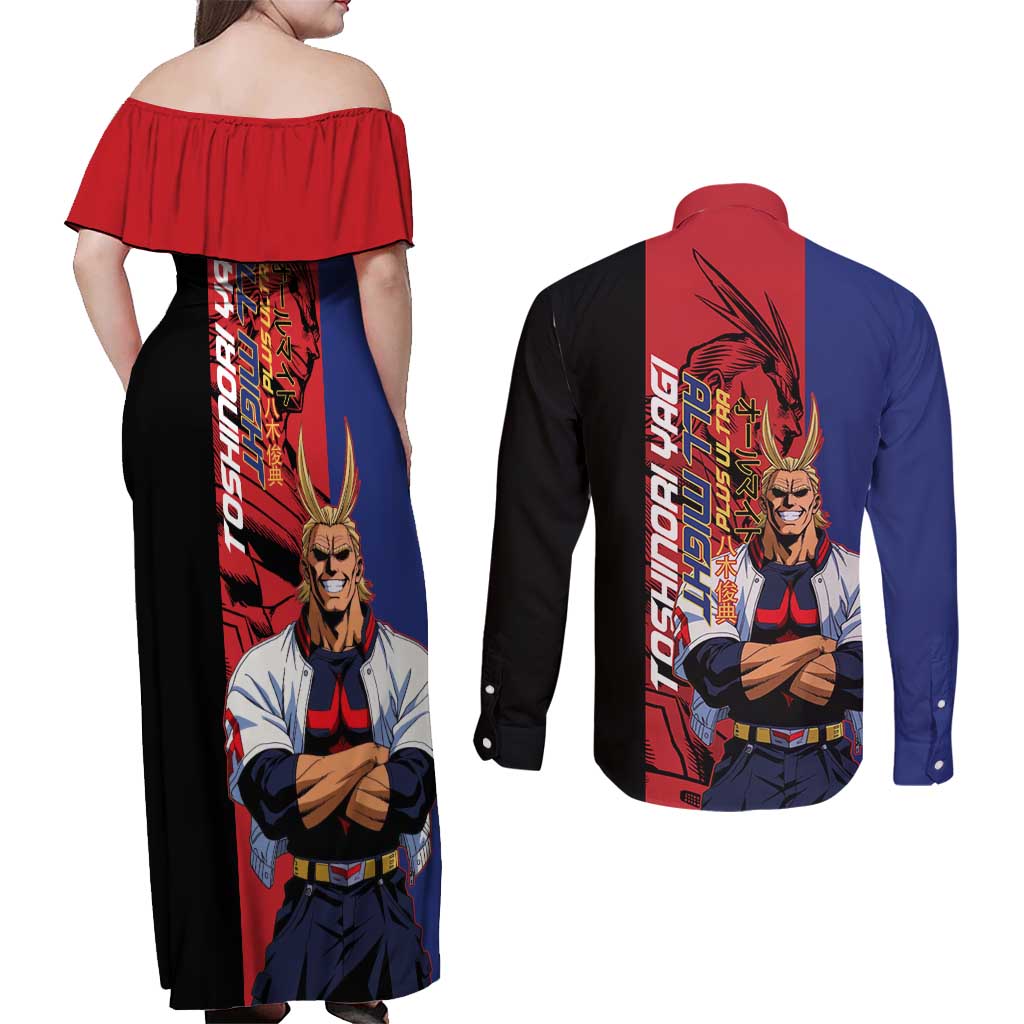 All Might My Hero Academia Couples Matching Off Shoulder Maxi Dress and Long Sleeve Button Shirt Red and Blue Theme - The Mazicc