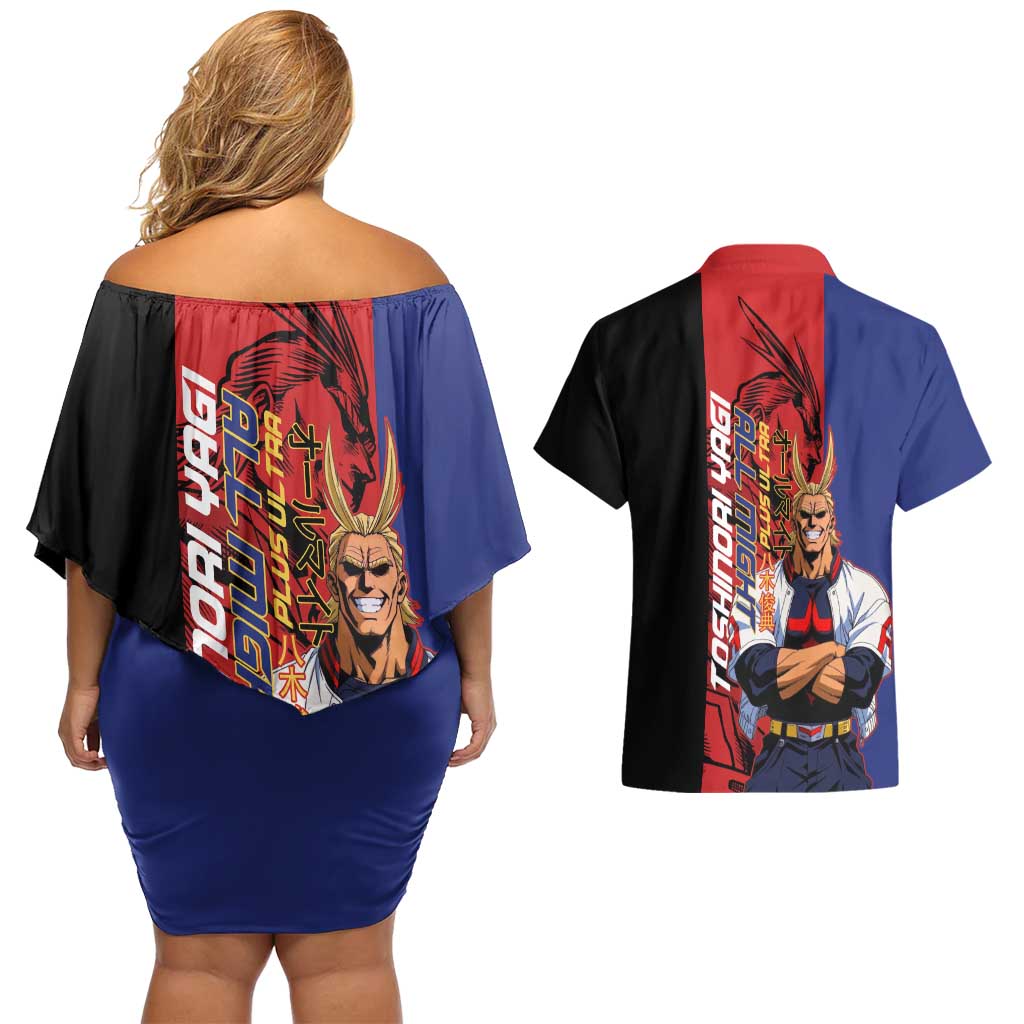 All Might My Hero Academia Couples Matching Off Shoulder Short Dress and Hawaiian Shirt Red and Blue Theme - The Mazicc