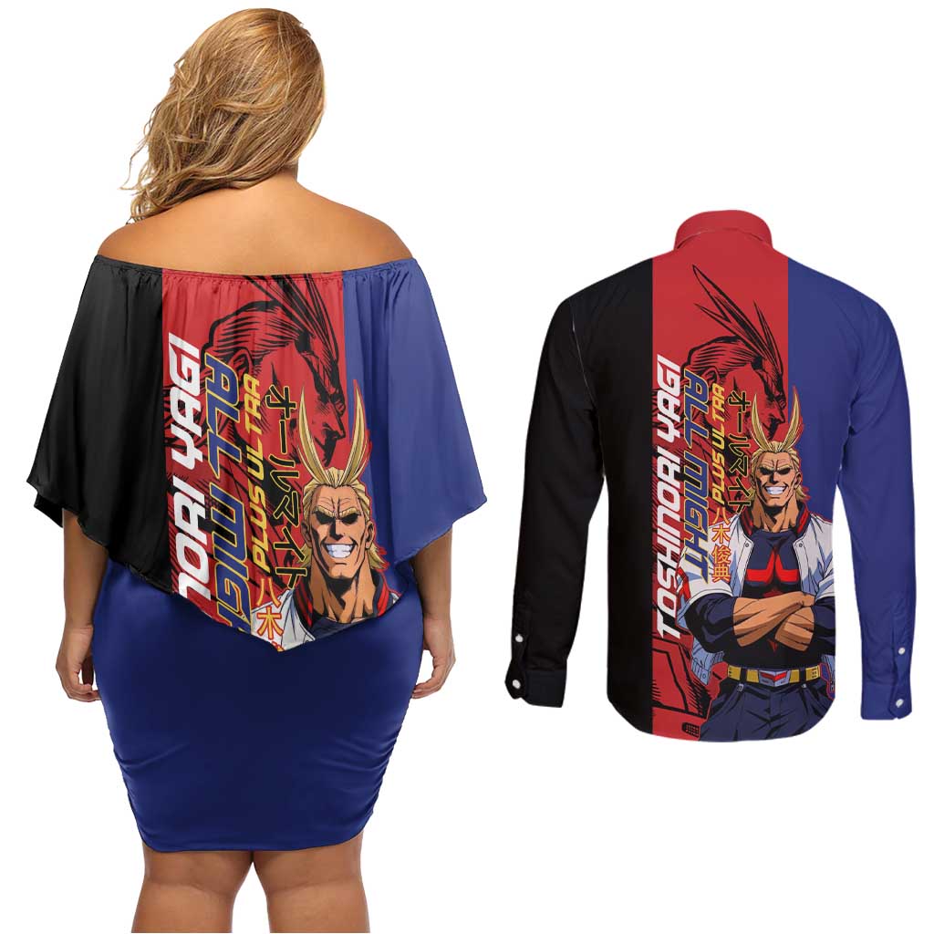 All Might My Hero Academia Couples Matching Off Shoulder Short Dress and Long Sleeve Button Shirt Red and Blue Theme - The Mazicc