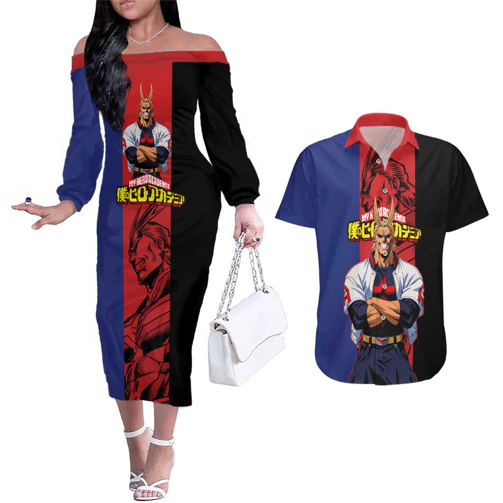 All Might My Hero Academia Couples Matching Off The Shoulder Long Sleeve Dress and Hawaiian Shirt Red and Blue Theme - The Mazicc
