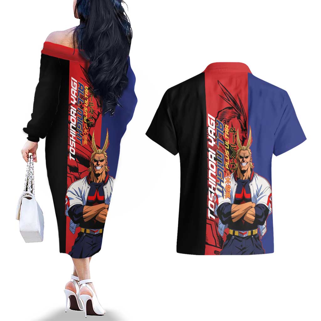 All Might My Hero Academia Couples Matching Off The Shoulder Long Sleeve Dress and Hawaiian Shirt Red and Blue Theme - The Mazicc