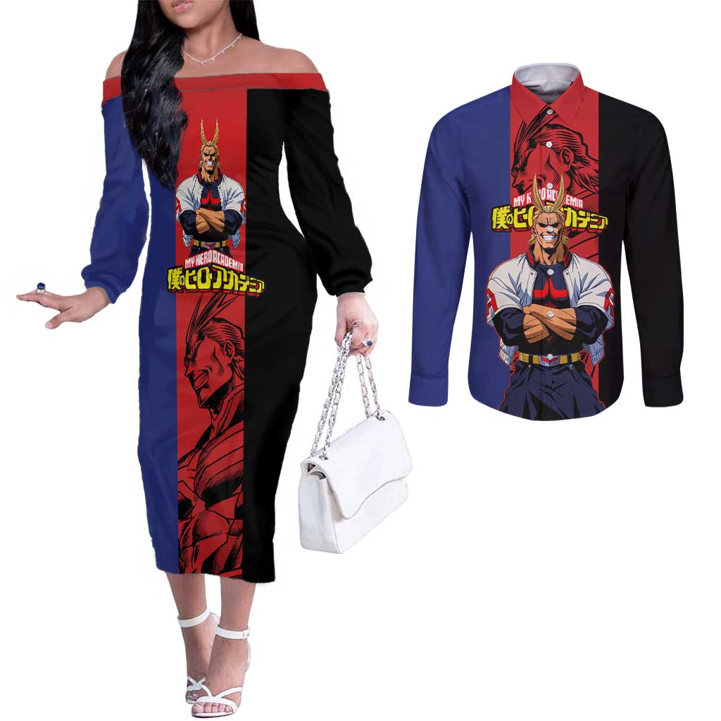 All Might My Hero Academia Couples Matching Off The Shoulder Long Sleeve Dress and Long Sleeve Button Shirt Red and Blue Theme - The Mazicc
