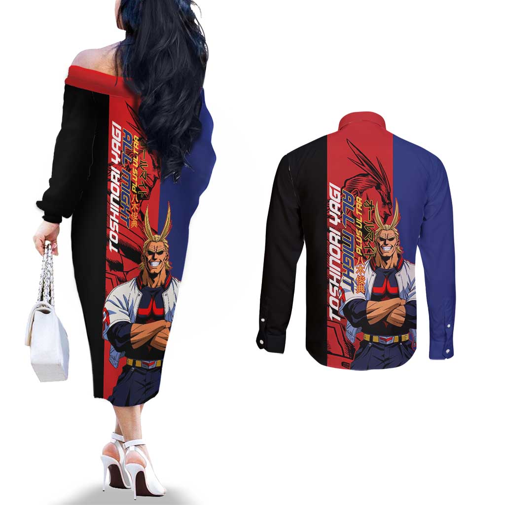 All Might My Hero Academia Couples Matching Off The Shoulder Long Sleeve Dress and Long Sleeve Button Shirt Red and Blue Theme - The Mazicc