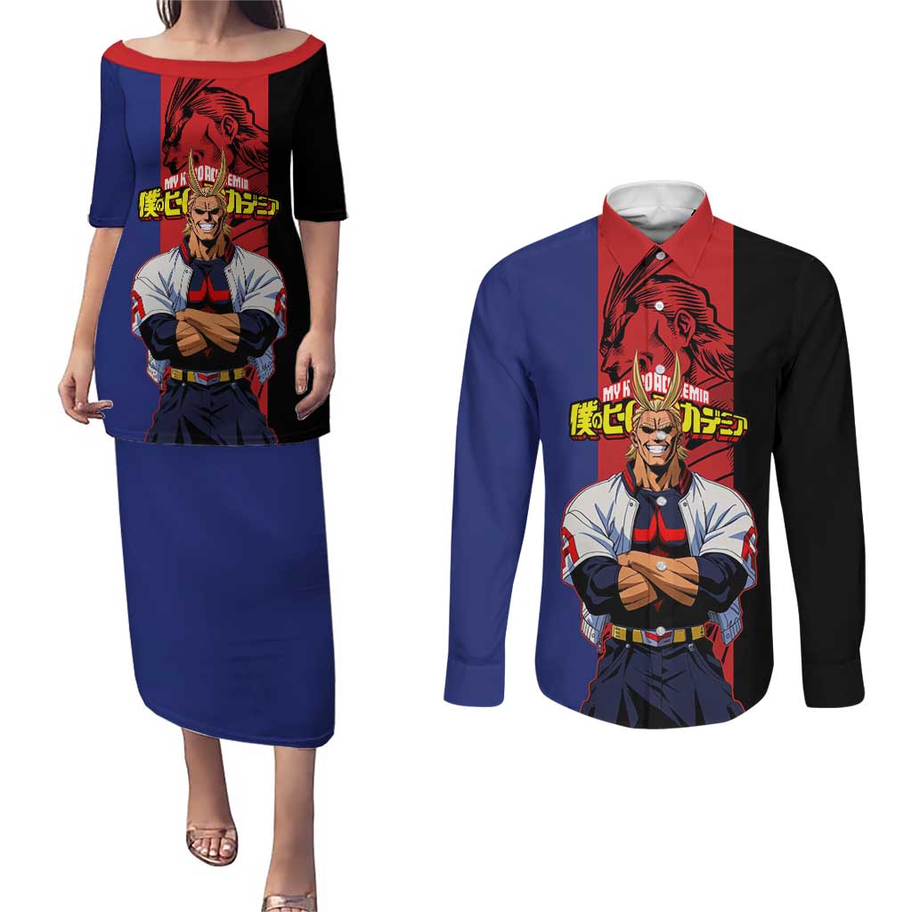 All Might My Hero Academia Couples Matching Puletasi and Long Sleeve Button Shirt Red and Blue Theme - The Mazicc