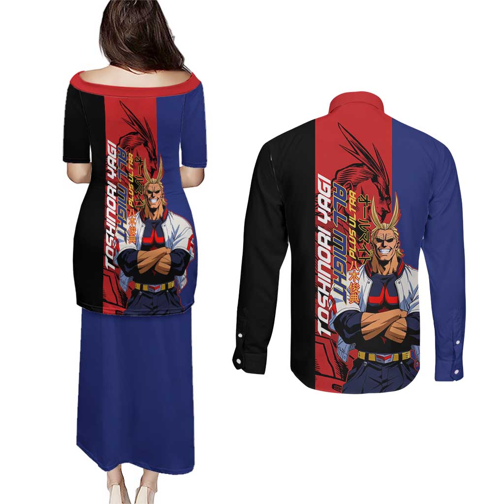 All Might My Hero Academia Couples Matching Puletasi and Long Sleeve Button Shirt Red and Blue Theme - The Mazicc