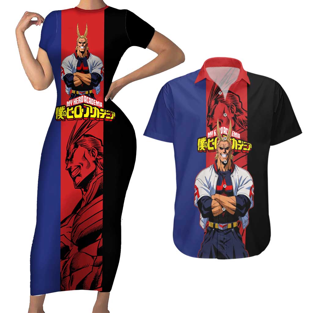 All Might My Hero Academia Couples Matching Short Sleeve Bodycon Dress and Hawaiian Shirt Red and Blue Theme - The Mazicc