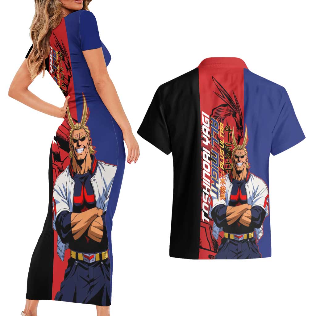 All Might My Hero Academia Couples Matching Short Sleeve Bodycon Dress and Hawaiian Shirt Red and Blue Theme - The Mazicc