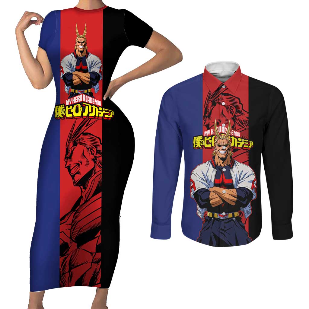 All Might My Hero Academia Couples Matching Short Sleeve Bodycon Dress and Long Sleeve Button Shirt Red and Blue Theme - The Mazicc