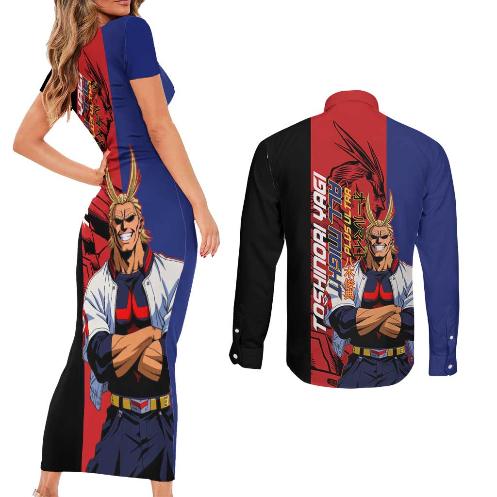 All Might My Hero Academia Couples Matching Short Sleeve Bodycon Dress and Long Sleeve Button Shirt Red and Blue Theme - The Mazicc