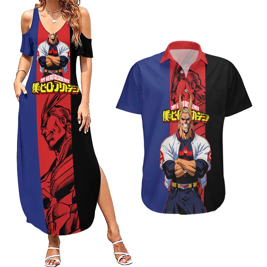 All Might My Hero Academia Couples Matching Summer Maxi Dress and Hawaiian Shirt Red and Blue Theme - The Mazicc