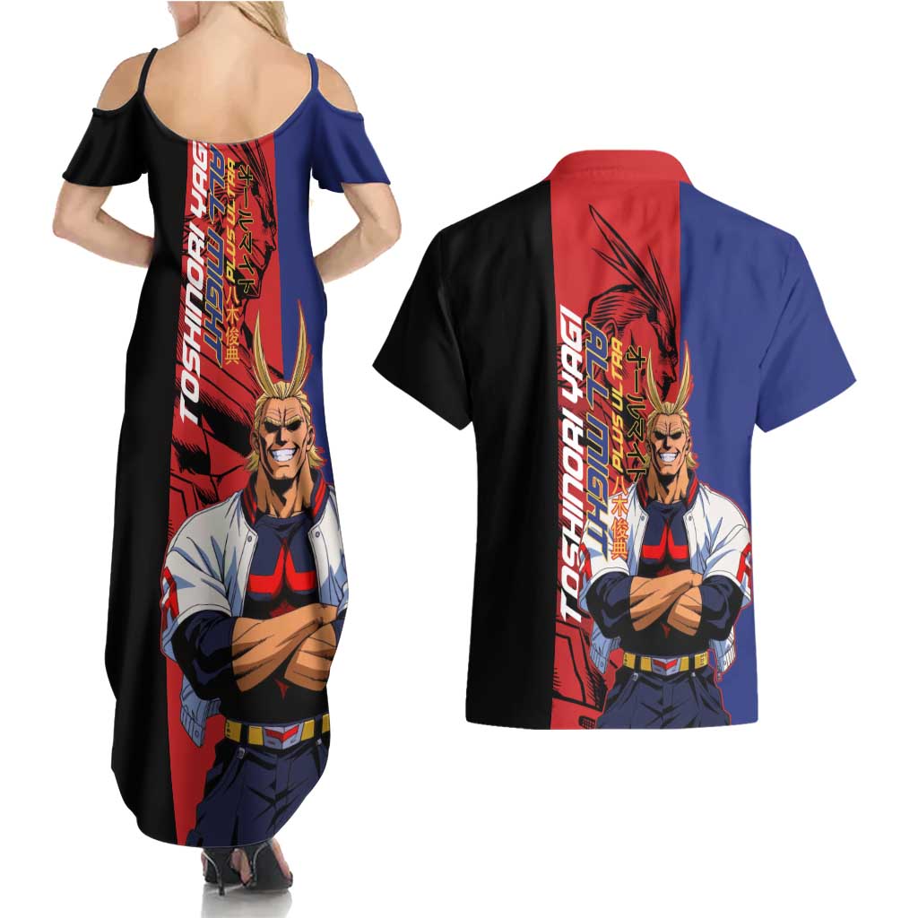 All Might My Hero Academia Couples Matching Summer Maxi Dress and Hawaiian Shirt Red and Blue Theme - The Mazicc