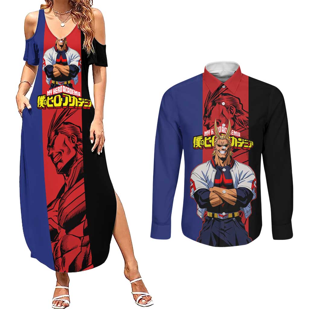 All Might My Hero Academia Couples Matching Summer Maxi Dress and Long Sleeve Button Shirt Red and Blue Theme - The Mazicc