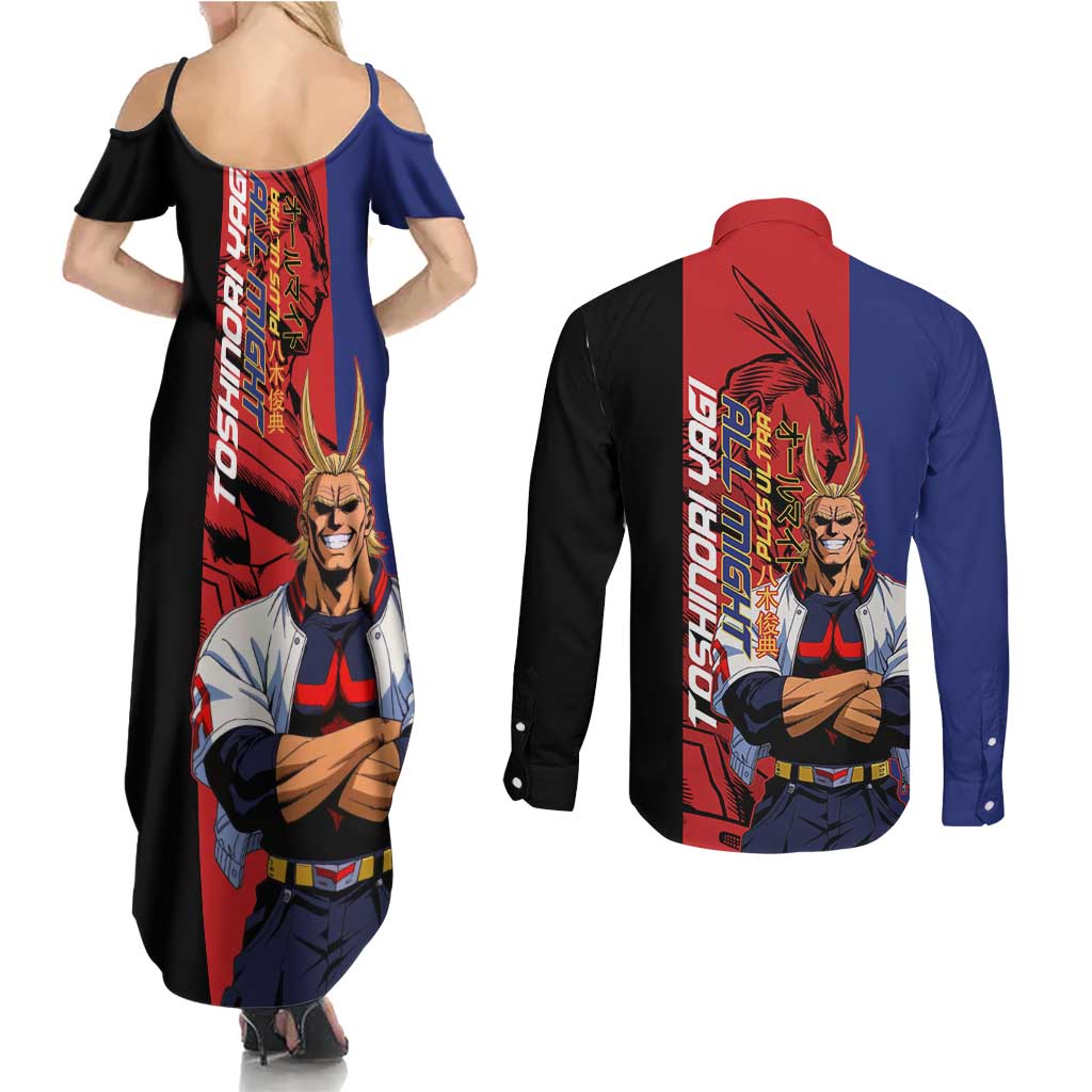 All Might My Hero Academia Couples Matching Summer Maxi Dress and Long Sleeve Button Shirt Red and Blue Theme - The Mazicc