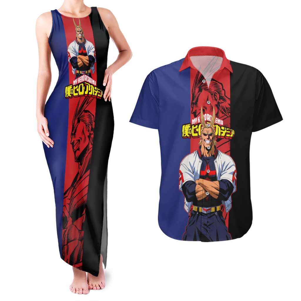 All Might My Hero Academia Couples Matching Tank Maxi Dress and Hawaiian Shirt Red and Blue Theme - The Mazicc