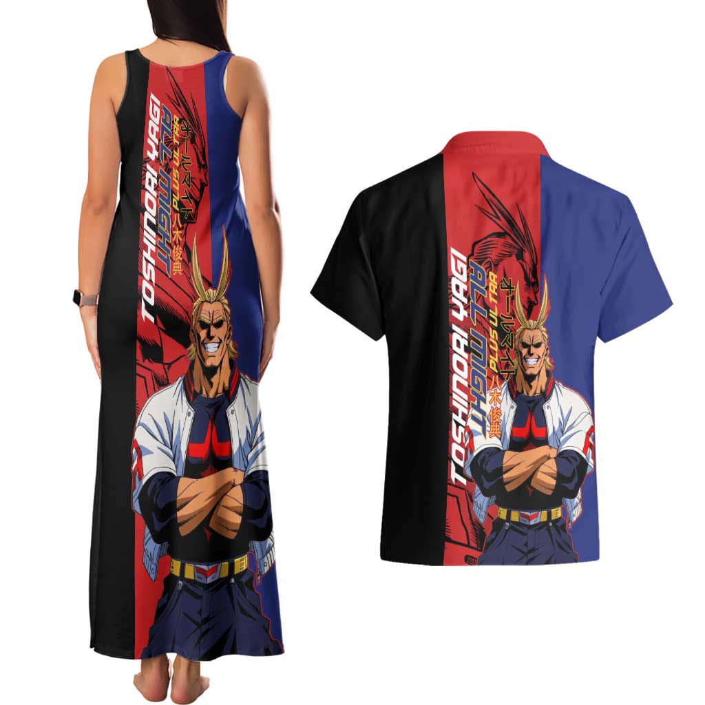 All Might My Hero Academia Couples Matching Tank Maxi Dress and Hawaiian Shirt Red and Blue Theme - The Mazicc