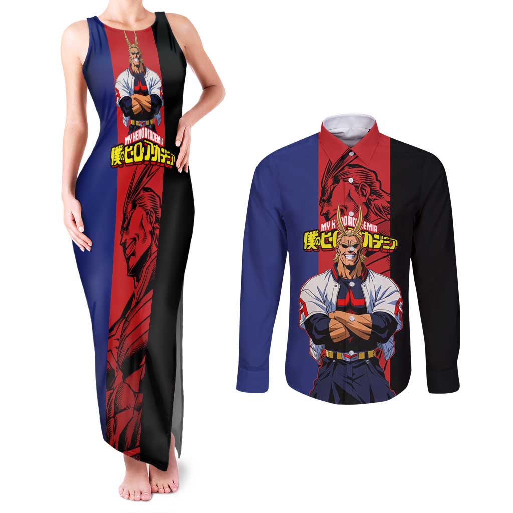 All Might My Hero Academia Couples Matching Tank Maxi Dress and Long Sleeve Button Shirt Red and Blue Theme - The Mazicc