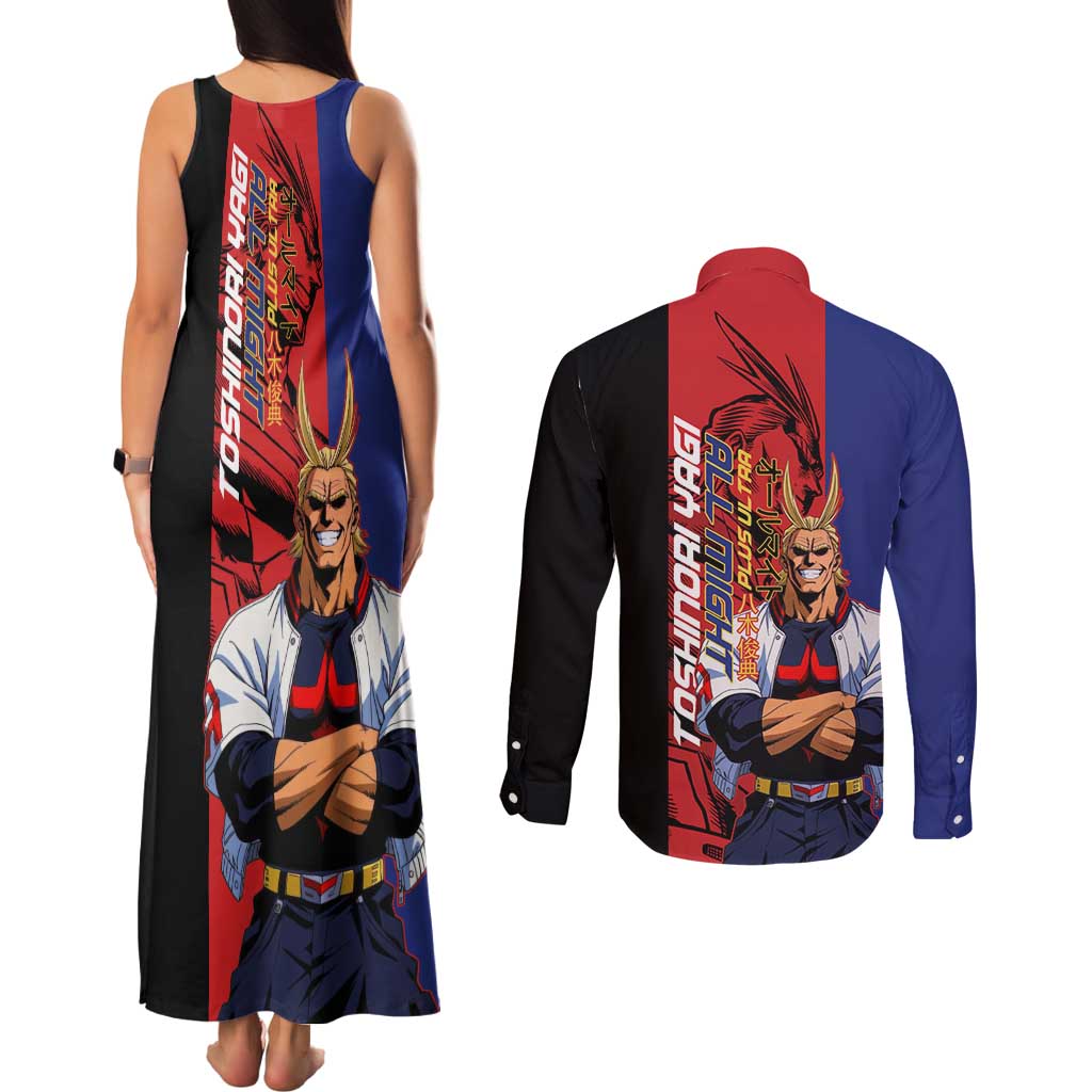 All Might My Hero Academia Couples Matching Tank Maxi Dress and Long Sleeve Button Shirt Red and Blue Theme - The Mazicc