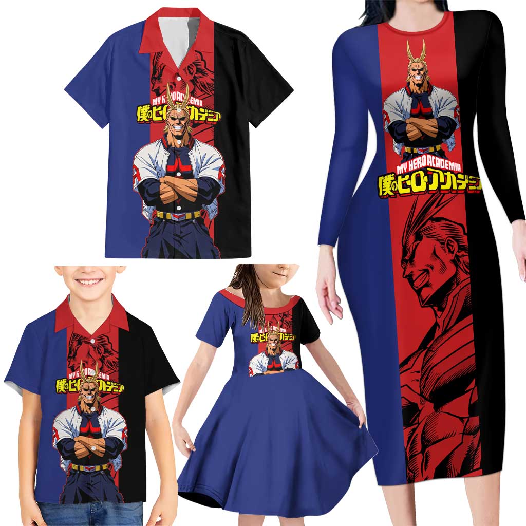 All Might My Hero Academia Family Matching Long Sleeve Bodycon Dress and Hawaiian Shirt Red and Blue Theme