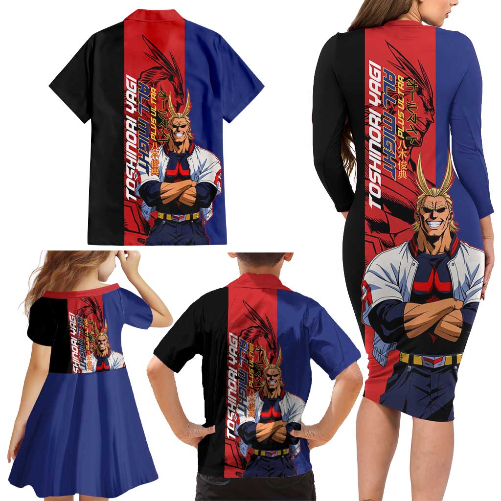 All Might My Hero Academia Family Matching Long Sleeve Bodycon Dress and Hawaiian Shirt Red and Blue Theme