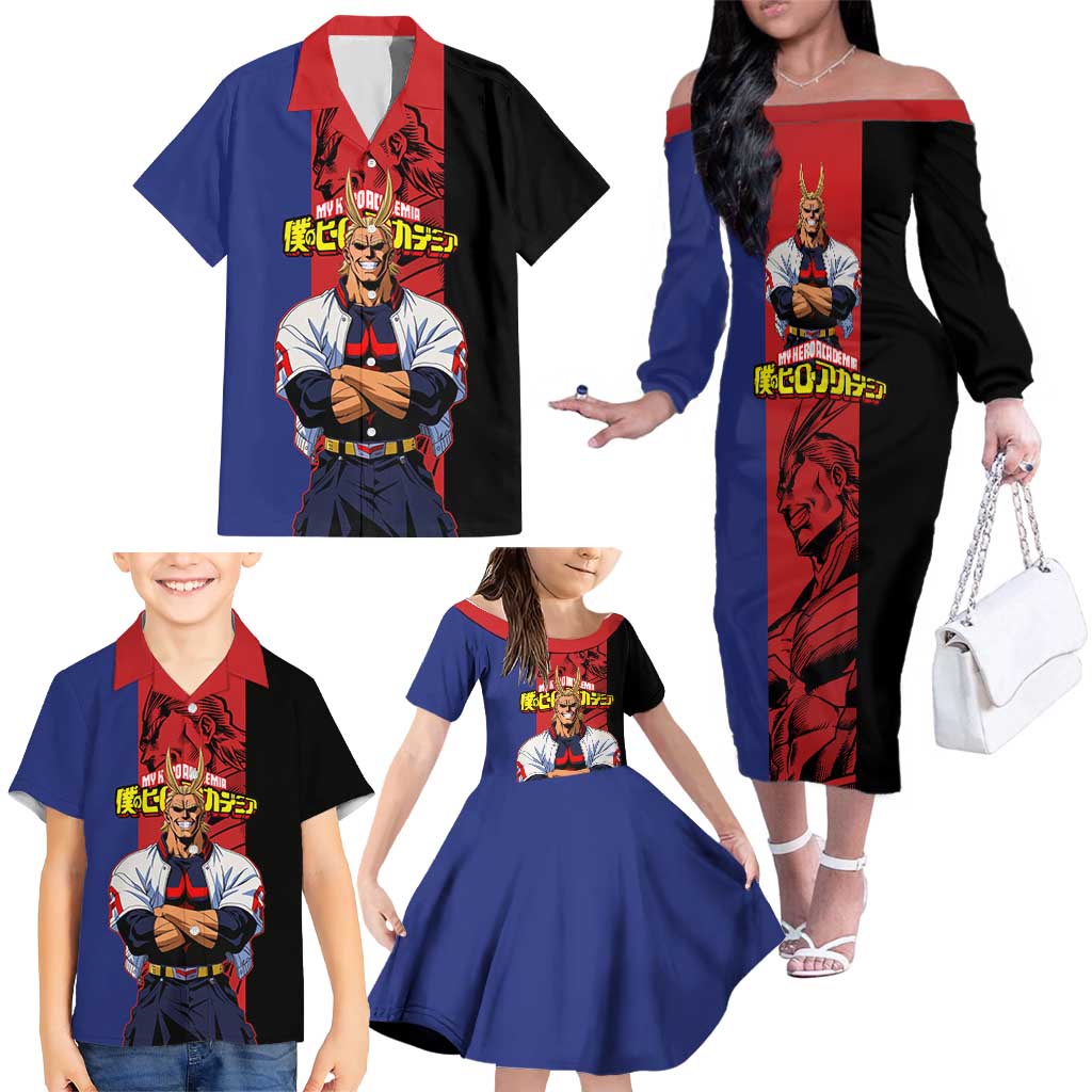 All Might My Hero Academia Family Matching Off The Shoulder Long Sleeve Dress and Hawaiian Shirt Red and Blue Theme