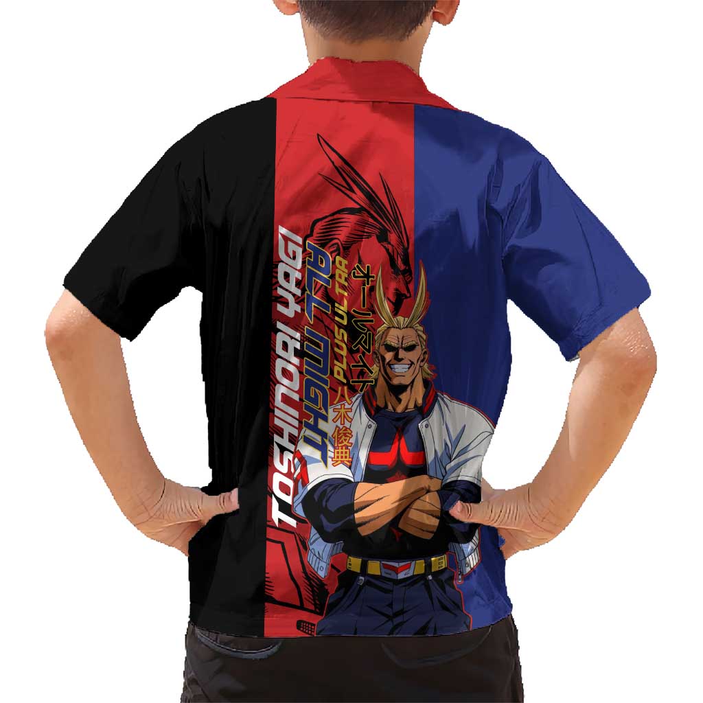 All Might My Hero Academia Family Matching Off The Shoulder Long Sleeve Dress and Hawaiian Shirt Red and Blue Theme