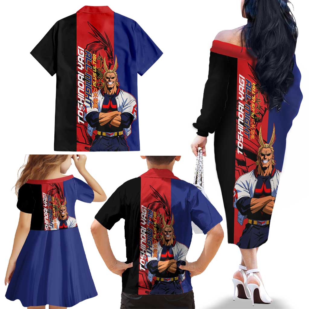 All Might My Hero Academia Family Matching Off The Shoulder Long Sleeve Dress and Hawaiian Shirt Red and Blue Theme