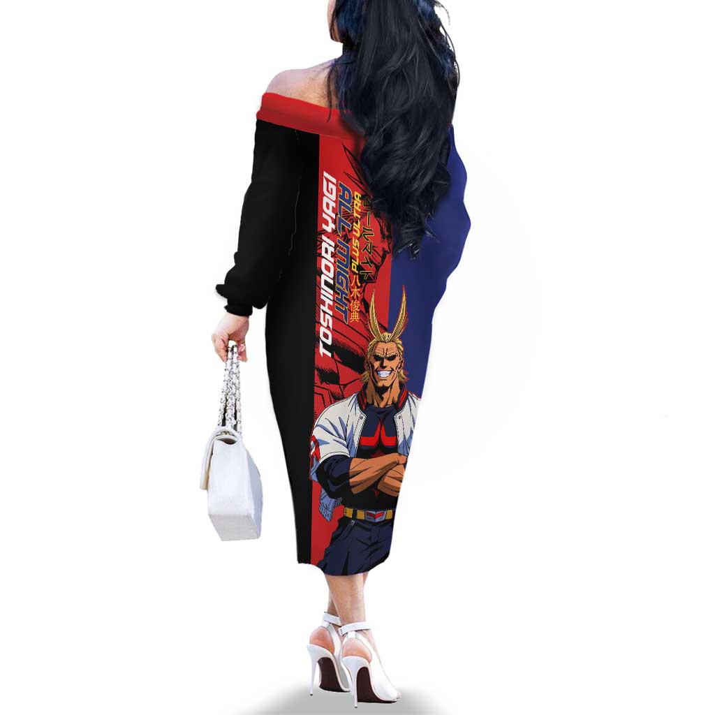 All Might My Hero Academia Family Matching Off The Shoulder Long Sleeve Dress and Hawaiian Shirt Red and Blue Theme