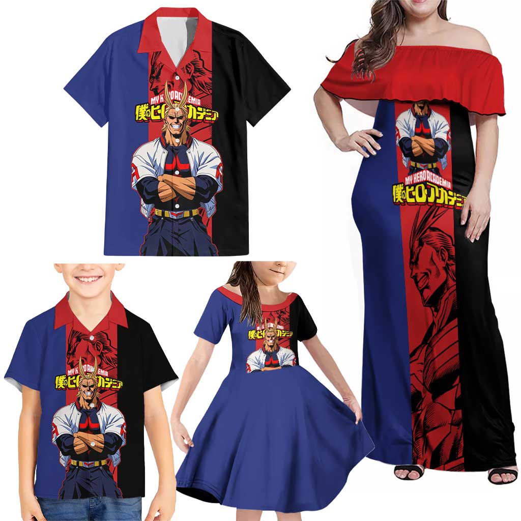All Might My Hero Academia Family Matching Off Shoulder Maxi Dress and Hawaiian Shirt Red and Blue Theme