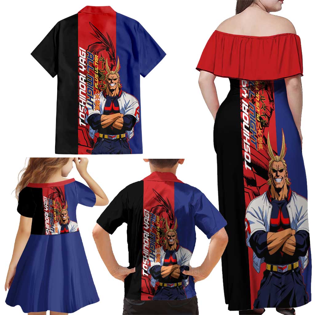 All Might My Hero Academia Family Matching Off Shoulder Maxi Dress and Hawaiian Shirt Red and Blue Theme