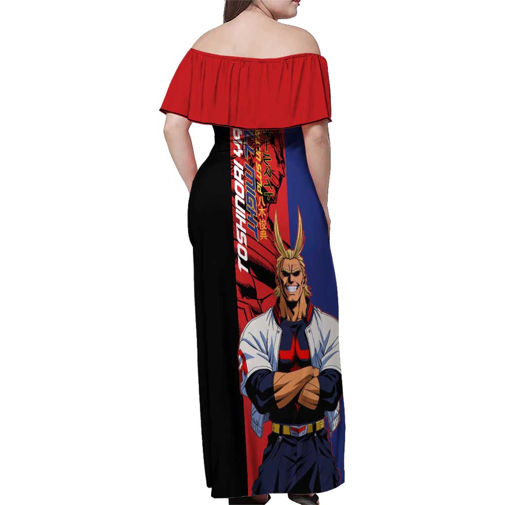 All Might My Hero Academia Family Matching Off Shoulder Maxi Dress and Hawaiian Shirt Red and Blue Theme