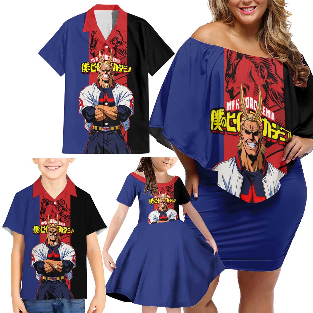 All Might My Hero Academia Family Matching Off Shoulder Short Dress and Hawaiian Shirt Red and Blue Theme