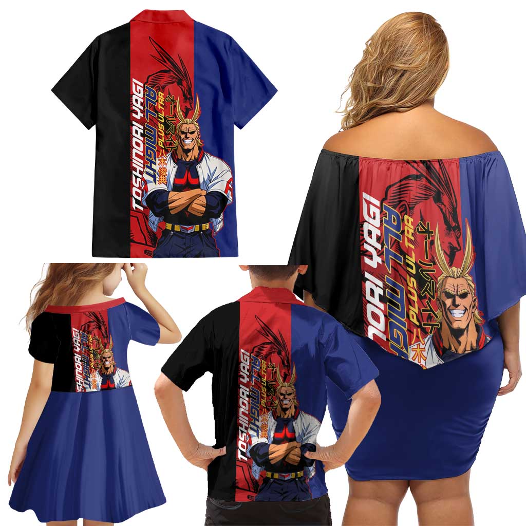 All Might My Hero Academia Family Matching Off Shoulder Short Dress and Hawaiian Shirt Red and Blue Theme