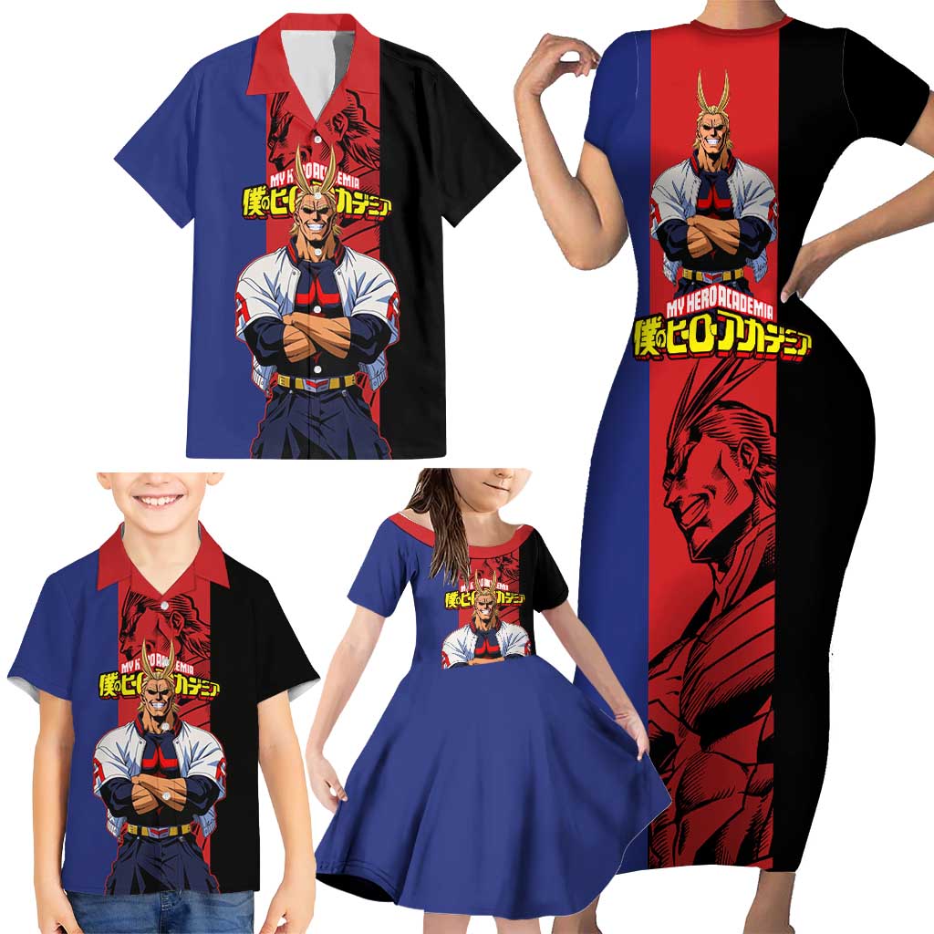 All Might My Hero Academia Family Matching Short Sleeve Bodycon Dress and Hawaiian Shirt Red and Blue Theme