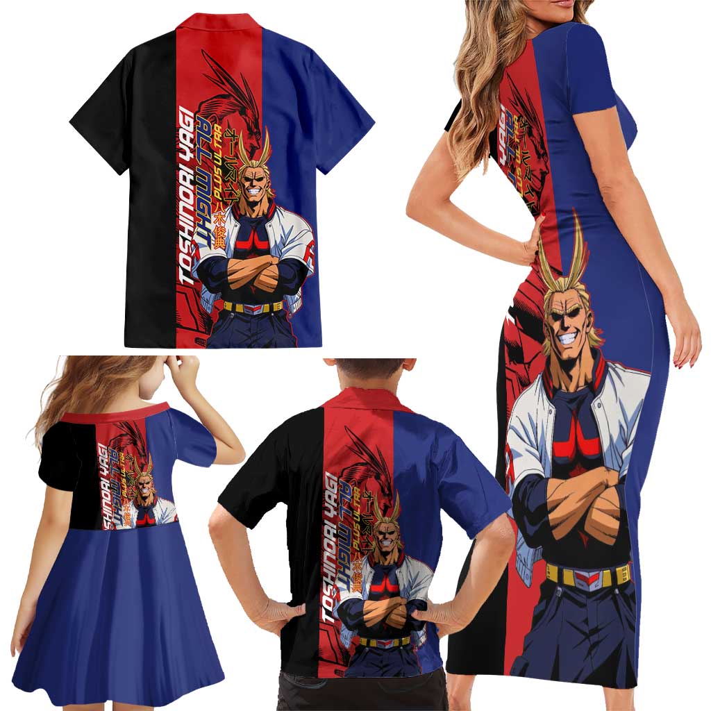 All Might My Hero Academia Family Matching Short Sleeve Bodycon Dress and Hawaiian Shirt Red and Blue Theme