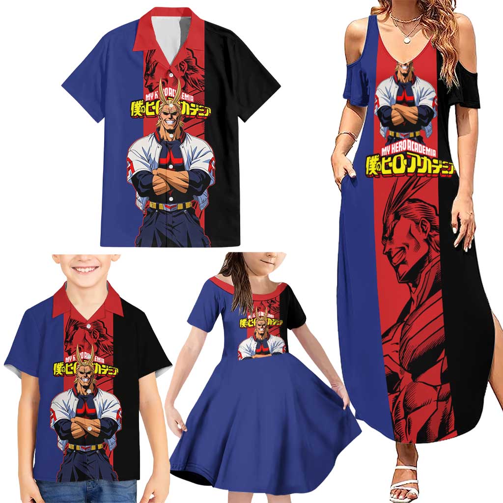 All Might My Hero Academia Family Matching Summer Maxi Dress and Hawaiian Shirt Red and Blue Theme