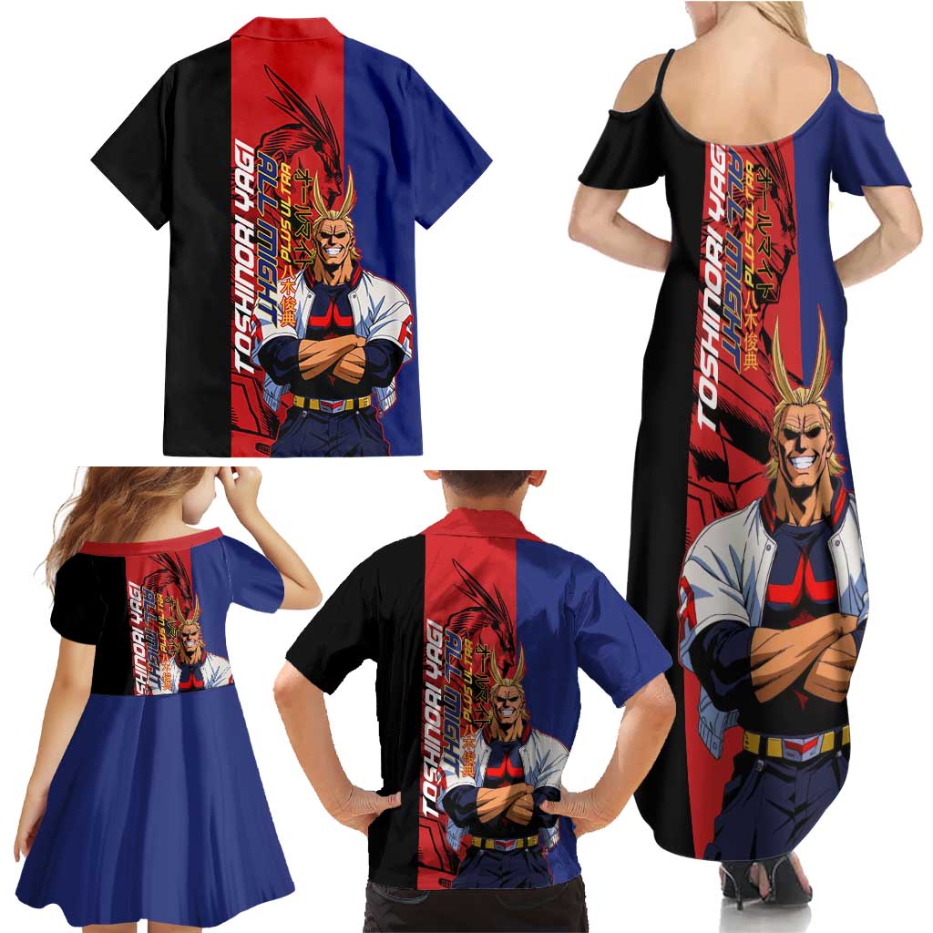All Might My Hero Academia Family Matching Summer Maxi Dress and Hawaiian Shirt Red and Blue Theme